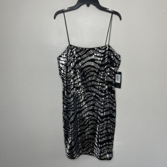 AIDAN MATTOX Dress Womens 8 Mini Cocktail Silver Black Sequin Strappy NEW - Picture 1 of 7